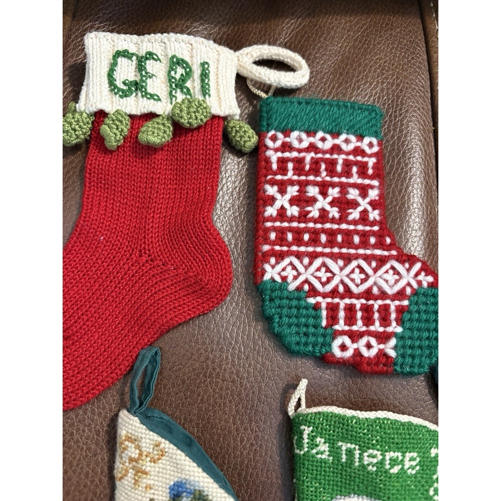 (6) Vintage Needlepoint Christmas Mini Stocking Santa Ornament 5.5"-7" appx - Picture 3 of 6